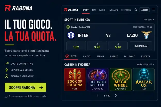 Interfaccia Rabona con scommesse sportive e accesso al casinò